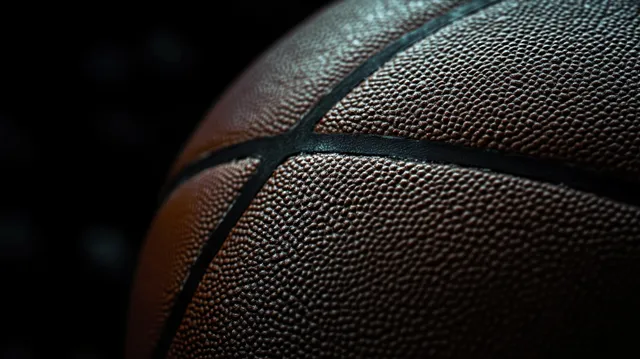 Close-up of textured brown basketball surface with dark seams in dramatic low light