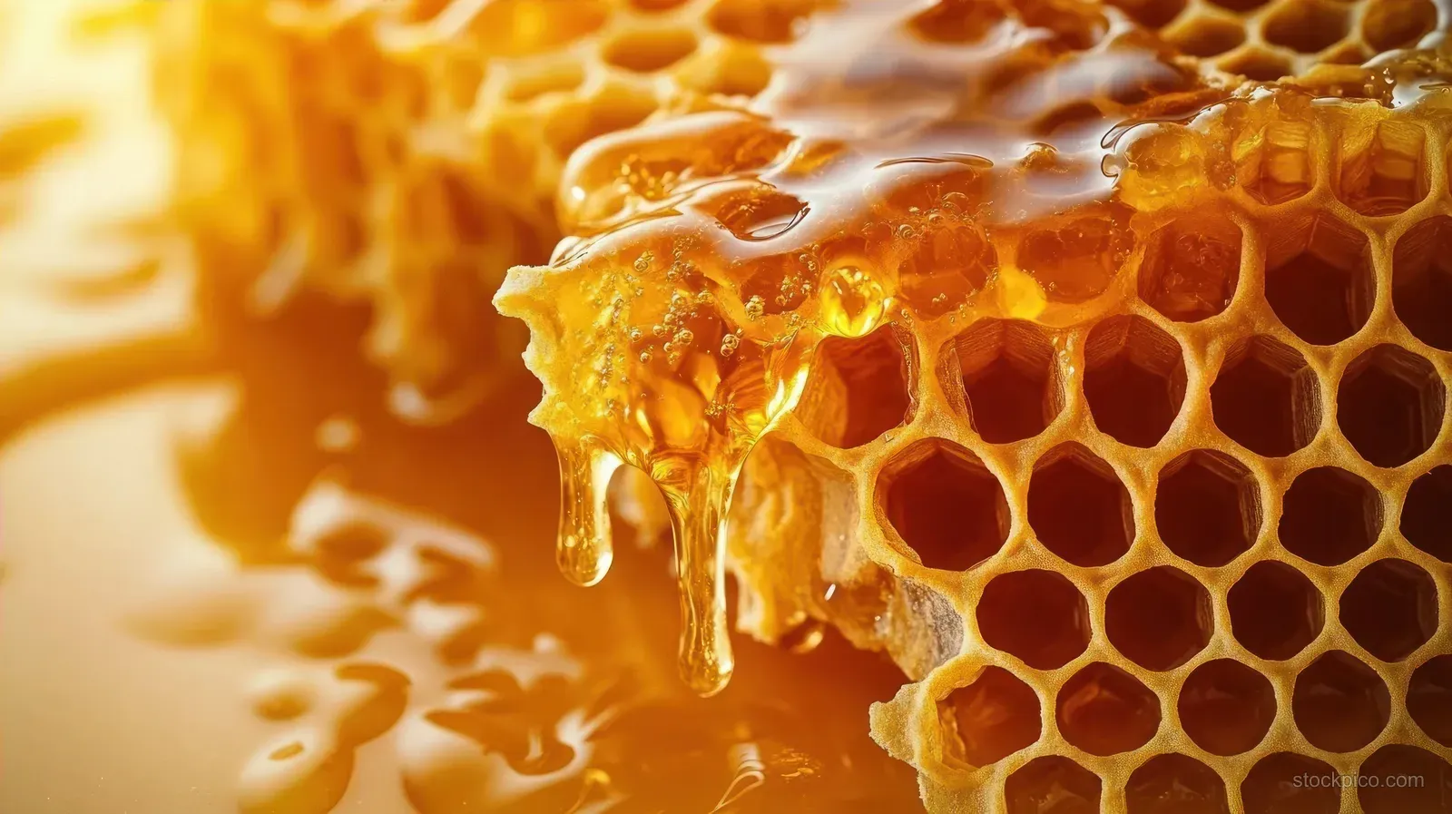 Golden honeycomb cells with thick honey dripping downward under warm amber lighting.