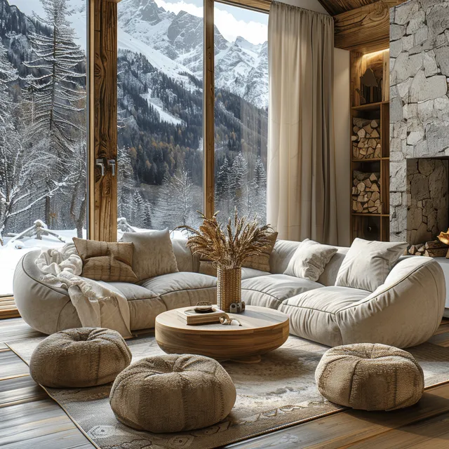 Beige Scandinavian living room with sofa and floor-to-ceiling windows overlooking snowy mountains and forest.