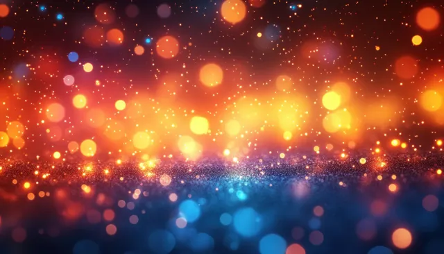 Warm abstract light beams with bokeh orbs and lens flare over dark blue atmosphere