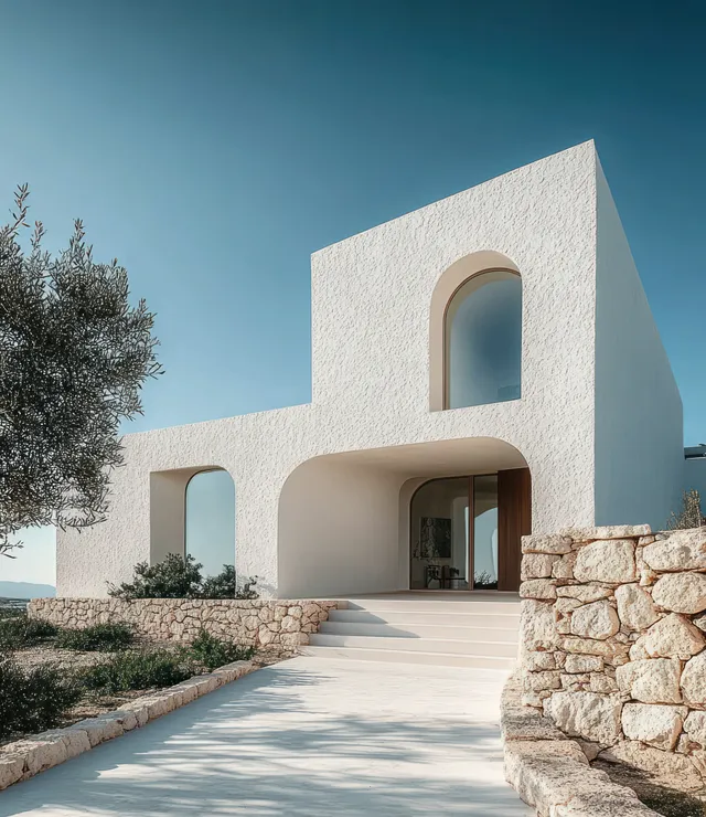 Sunlit modern white house facade with arched windows, stone wall, and steps leading to an entrance under a blue sky.