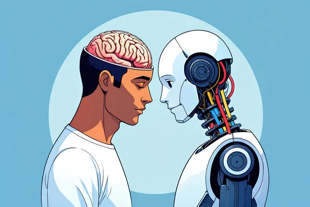 A human and robot meet face-to-face with foreheads touching, the human brain exposed and robot circuitry visible.