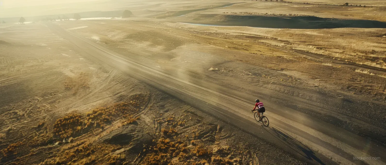 A lone cyclist speeds on a winding rural road seen from above at golden hour.