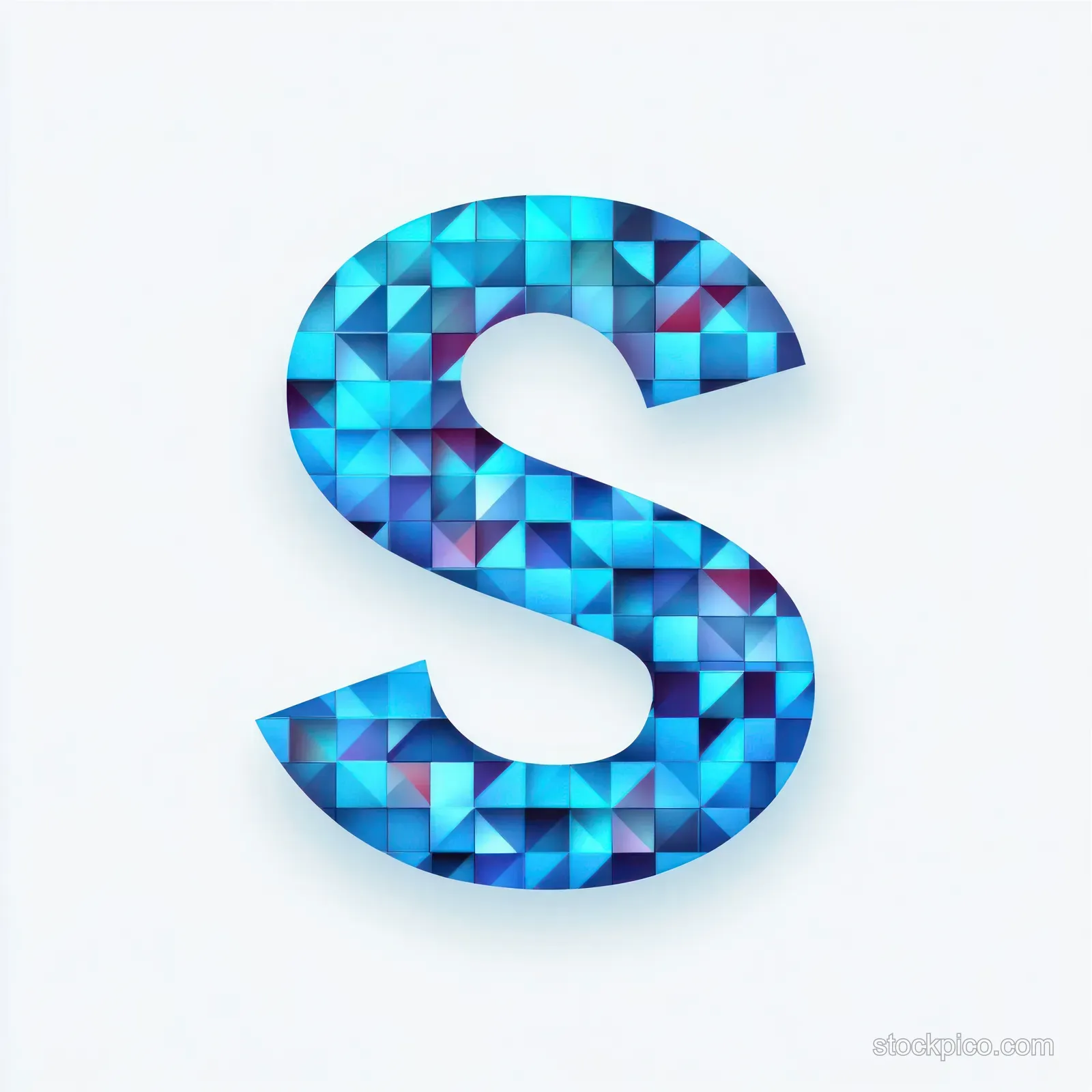 Mosaic letter S built from blue and purple triangular tiles with a 3D shadow on a white background.