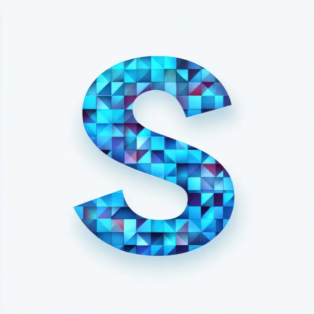 Mosaic letter S made of blue and purple triangular tiles on white background