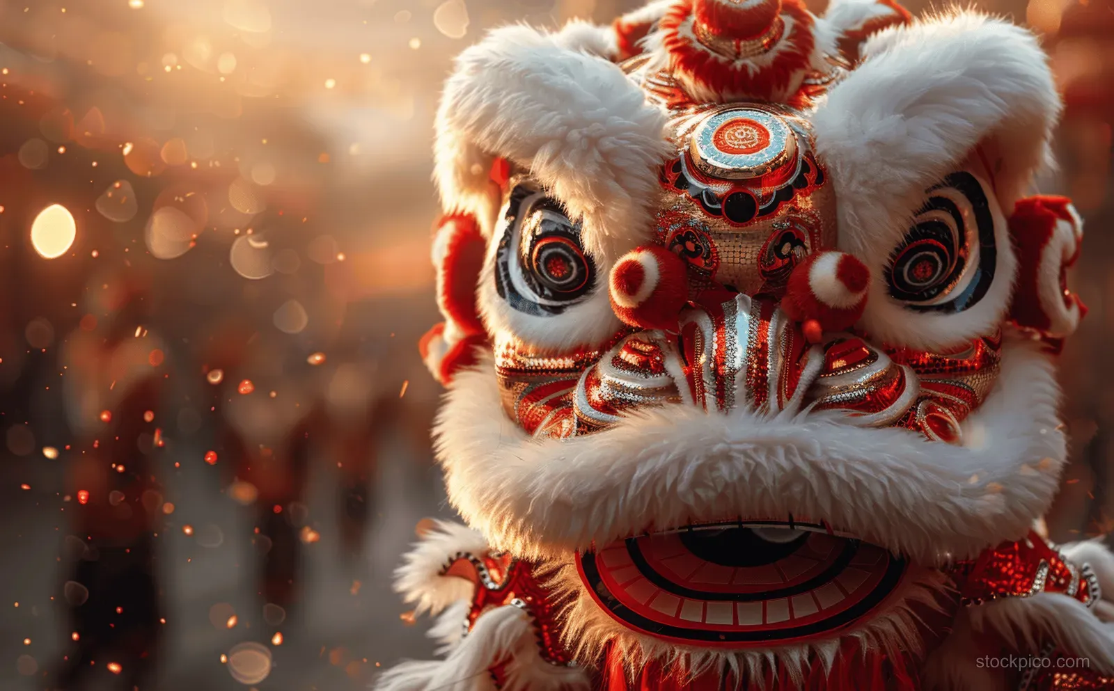 A lion dance performer close-up with red and gold mask details and glowing bokeh lights in the background.