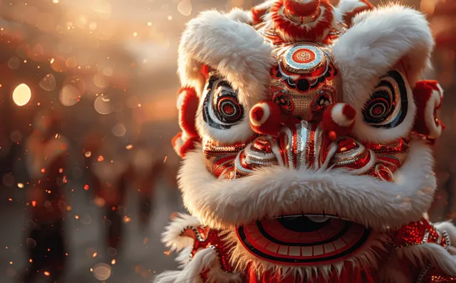 A lion dance performer close-up with red and gold mask details and glowing bokeh lights in the background.