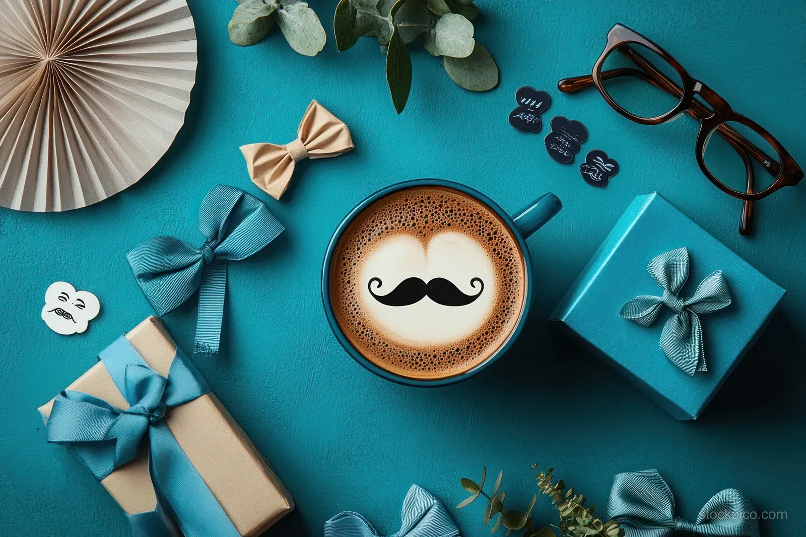 Top-down view of a coffee cup with mustache latte art among blue gift boxes, ribbons, eyeglasses, and leaves on a teal background.