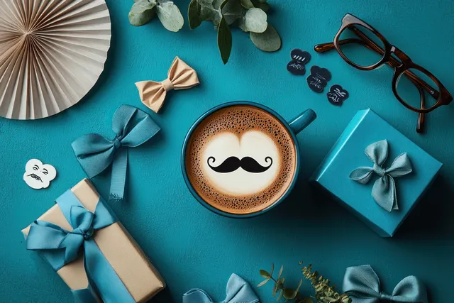 Mustache latte art coffee cup centered in flat lay with blue gift boxes and ribbons