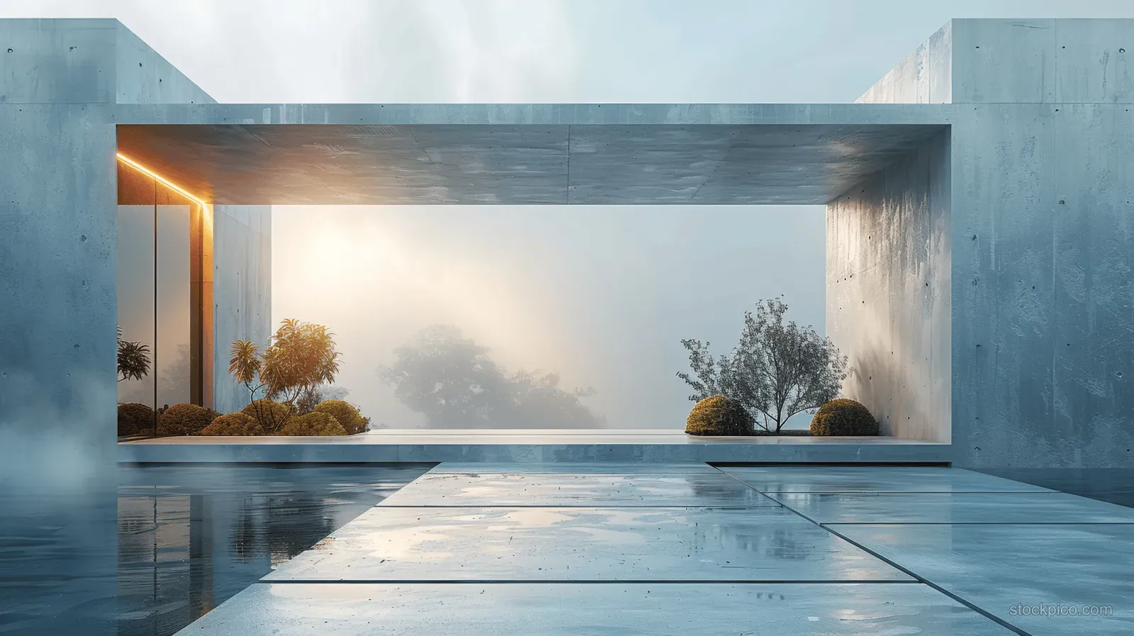 Minimalist 3D architectural entrance with empty concrete floor, blue sky light, and smooth concrete walls.