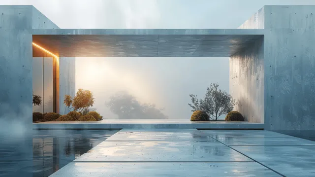 Minimalist 3D architectural facade with empty concrete floor, blue sky, and soft shadows
