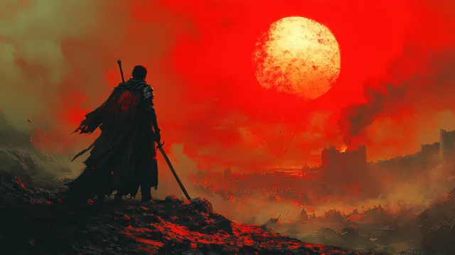 Ninja Leader Standing on Rooftop Against a Blood Red Moonlit Sky