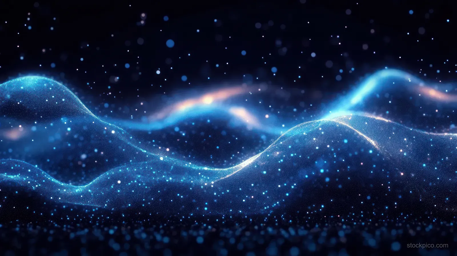Glowing blue particles shape smooth waveforms over a dark starry cosmic background.