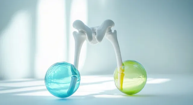 Hip bones balanced above two translucent blue and green spheres on a soft light background with shadows.