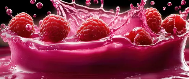 Raspberries splash into pink creamy liquid with frozen droplets in a macro close-up.