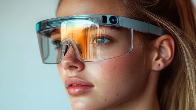 Young woman in transparent augmented reality smart glasses looks into the distance as daylight reflects on the lenses.