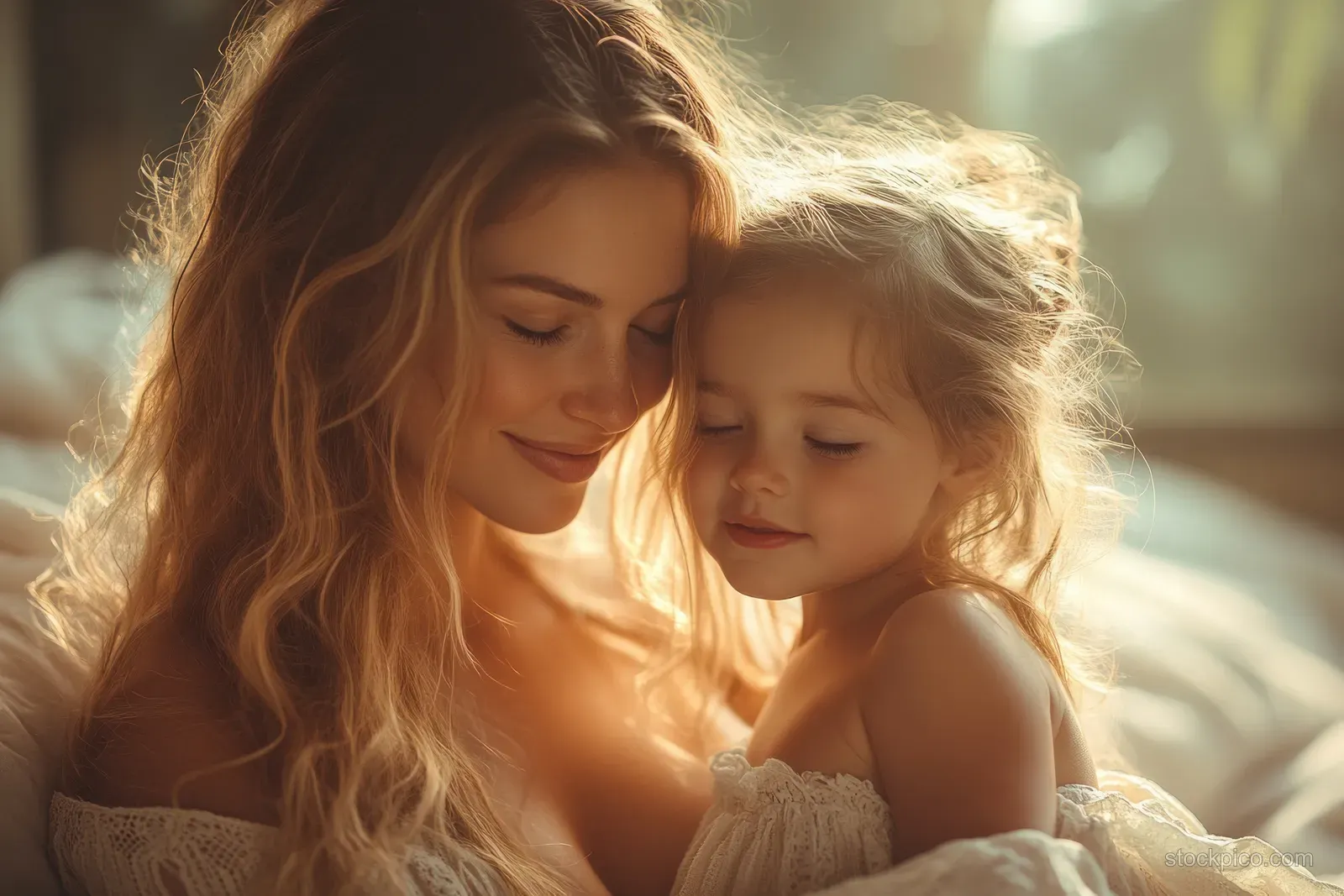 Mother and daughter cuddle together on a sofa in a warm, sunlit living room.