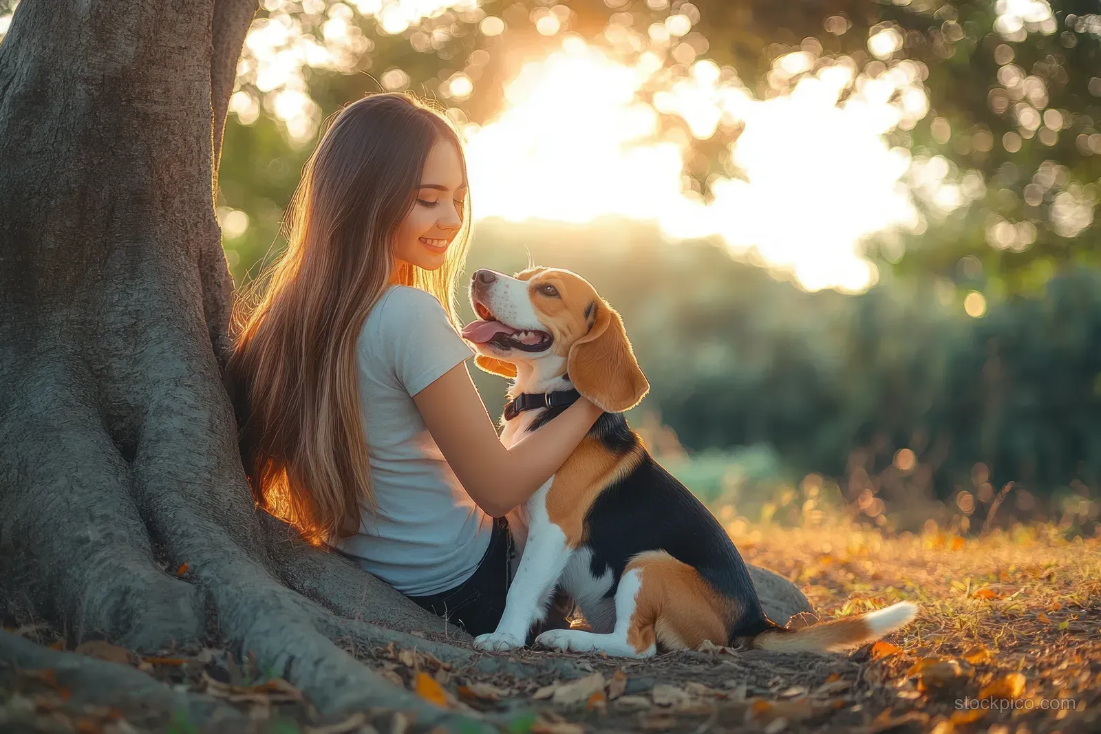 Young woman sitting by a tree trunk hugging a happy beagle in warm golden sunset light.