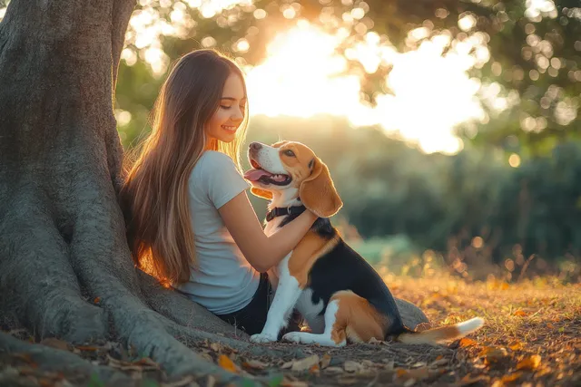 Young woman sitting by a tree trunk hugging a happy beagle in warm golden sunset light.