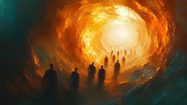 Silhouetted figures walk toward a glowing spiral vortex of souls under burning church-like candles