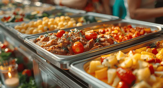 Close-up of grilled meat and diced vegetables on a wedding buffet serving tray under warm banquet lighting.
