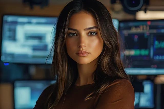Confident young woman in a brown top seated at an office desk with multiple computer monitors blurred behind her.