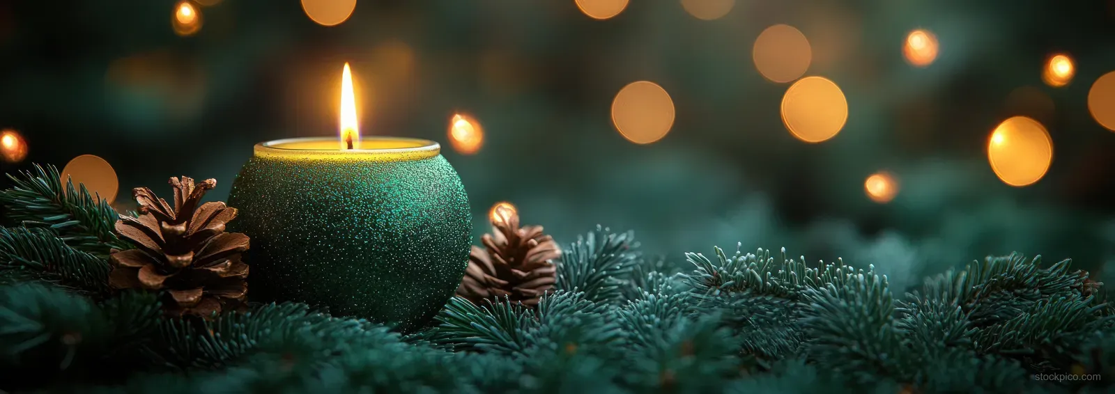 Green candle on snowy evergreen with pine cones, softly glowing bokeh lights in the background.
