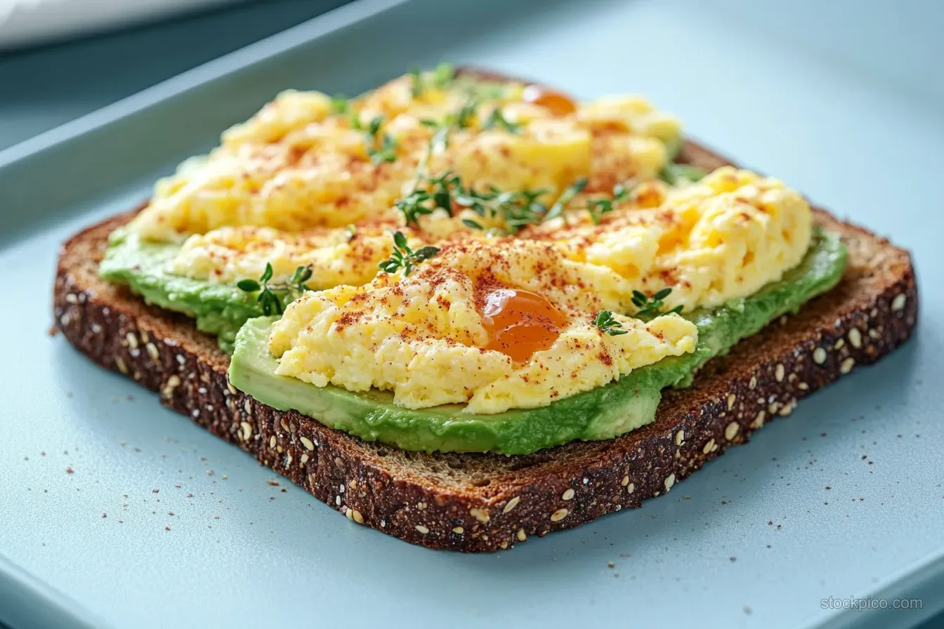 Multigrain toast on a light blue plate topped with avocado mash and runny yolk scrambled eggs, garnished with paprika and thyme.