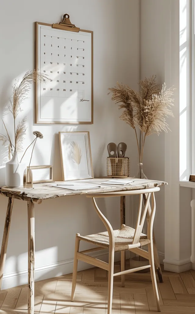 A light wood desk with pampas grass and a framed mockup hangs on an interior wall in soft natural daylight.