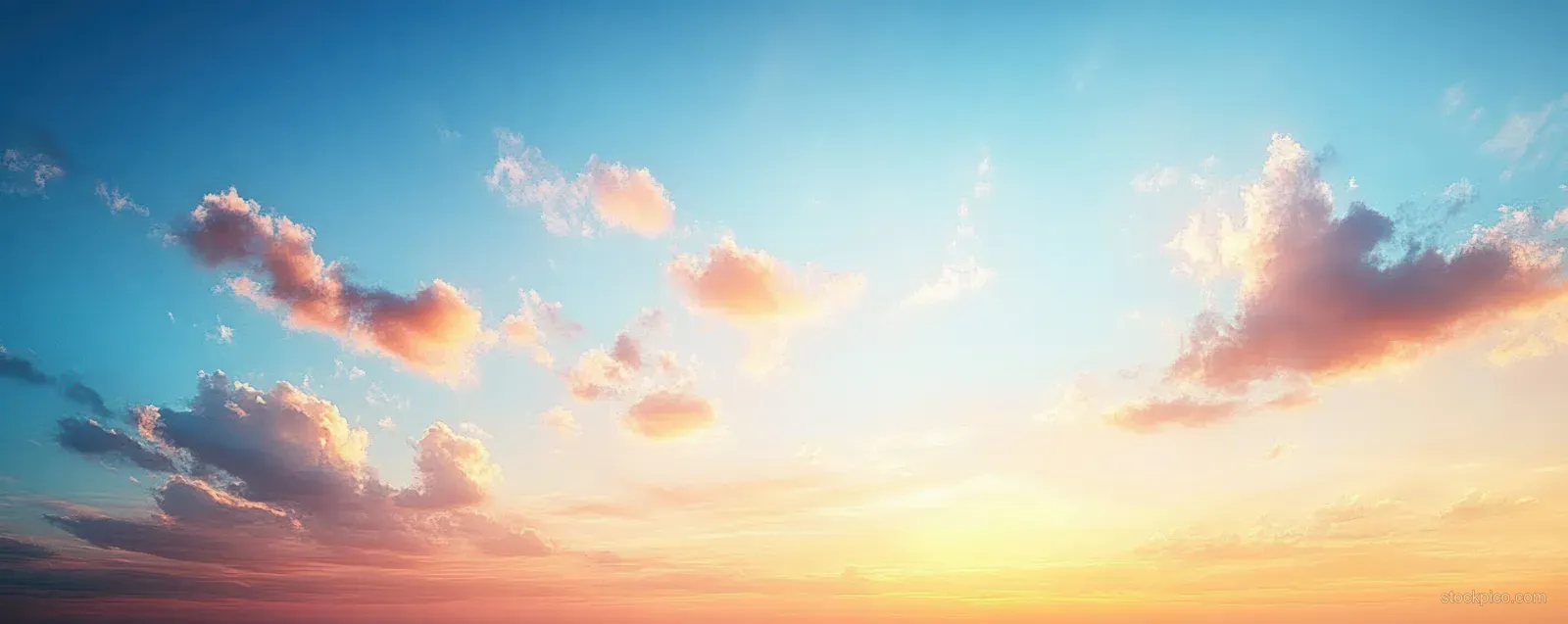 Sunset clouds glow with golden light against a blue and amber sky gradient.