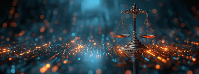 A glowing digital justice scale sits above a blue network data tunnel in a futuristic cyber court scene.