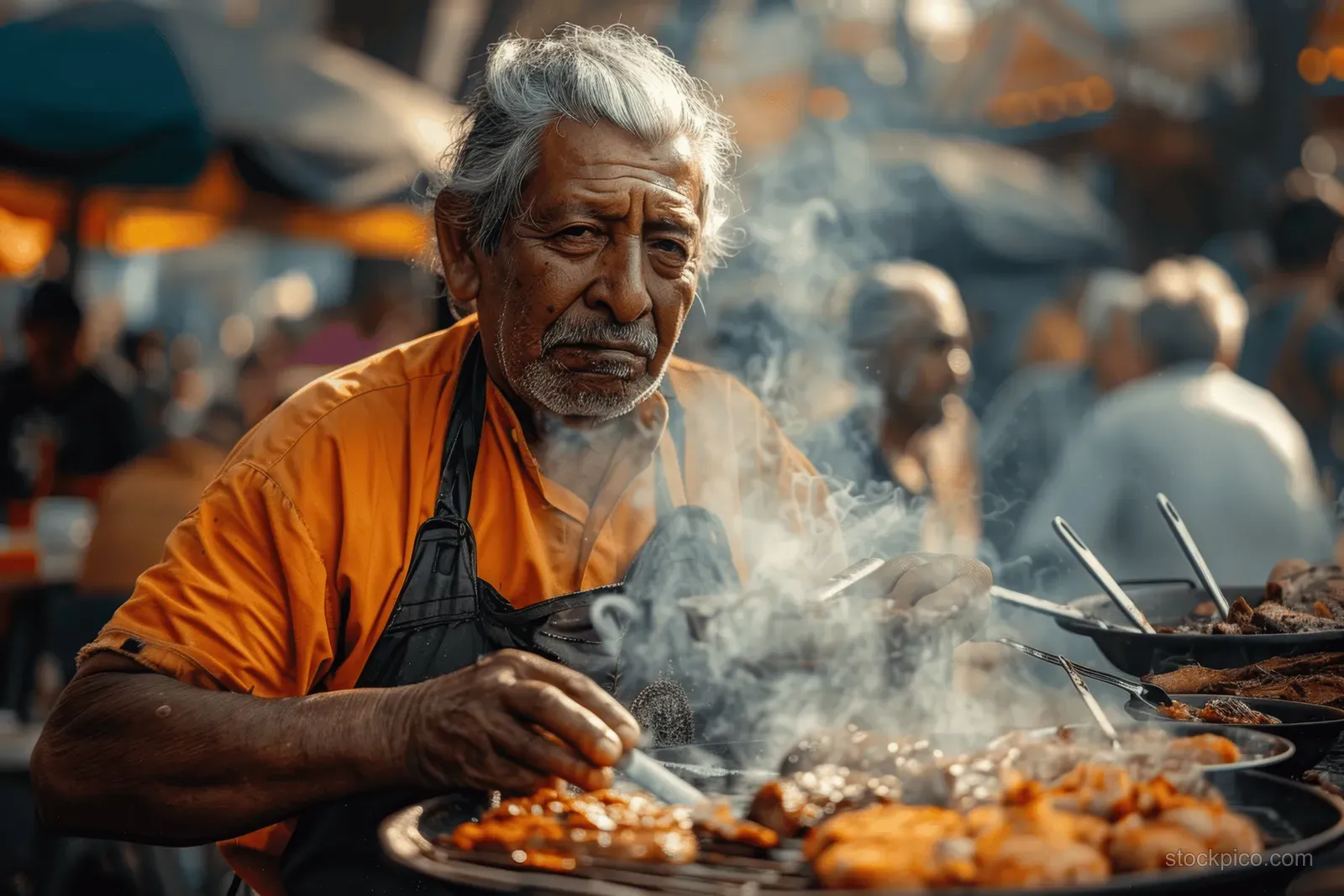 An elderly man in an orange shirt grills tacos at a smoky street stall.