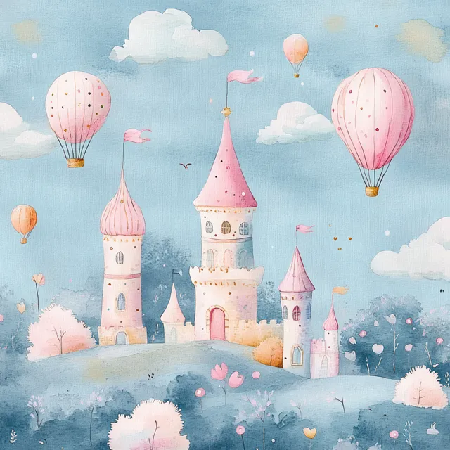Watercolor fantasy castles with hot air balloons over pastel clouds