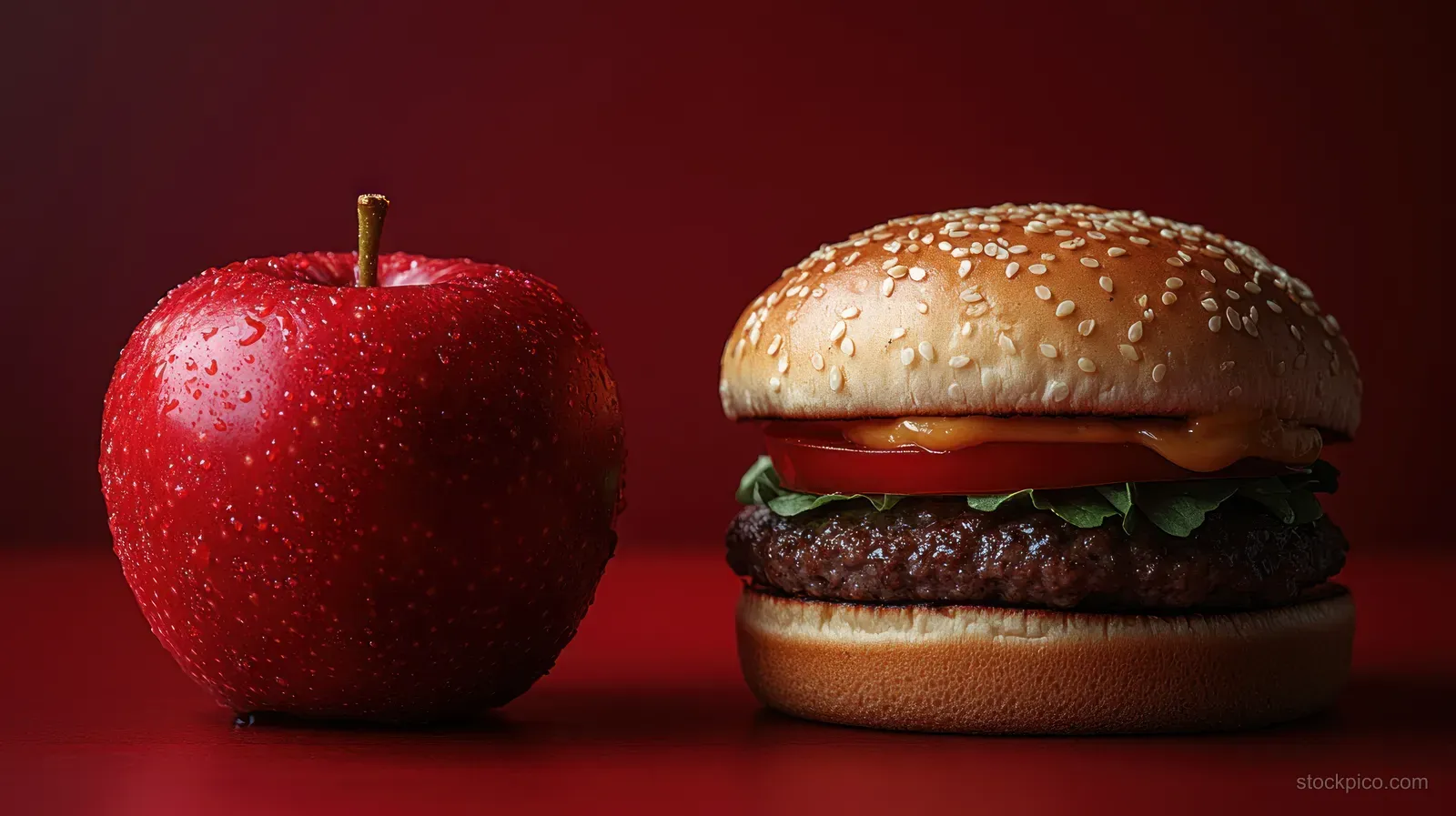 A red apple and a cheeseburger sit side by side on a dark red background, suggesting different nutrition choices.