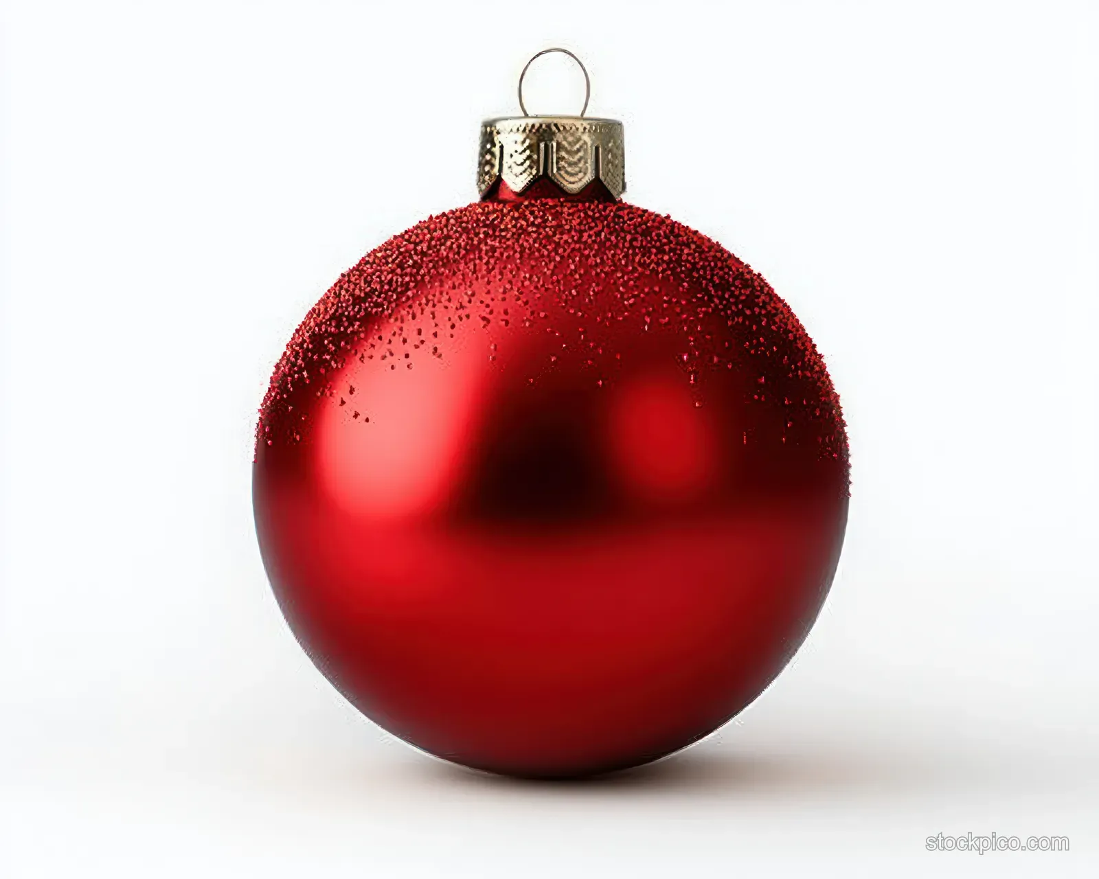 A glossy red Christmas ornament ball with a hanging loop isolated on a white background.