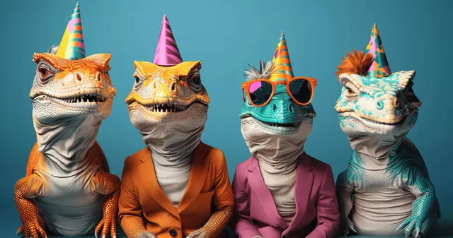 Four lizards in colorful suits and party hats posing against a solid blue backdrop