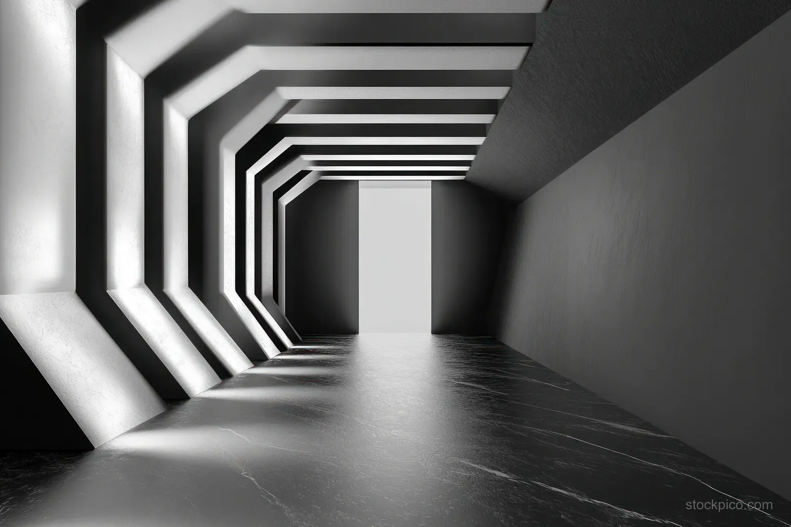 A black and white geometric hallway recedes into a vanishing point with strong light-and-shadow contrast.