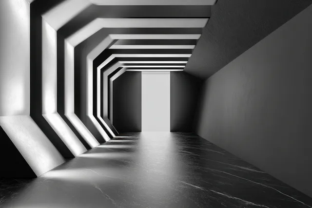 A black and white geometric hallway recedes into a vanishing point with strong light-and-shadow contrast.