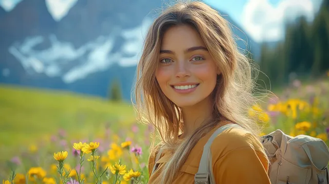 Back view of a young woman with a backpack in a wildflower meadow with mountains softly blurred behind her.