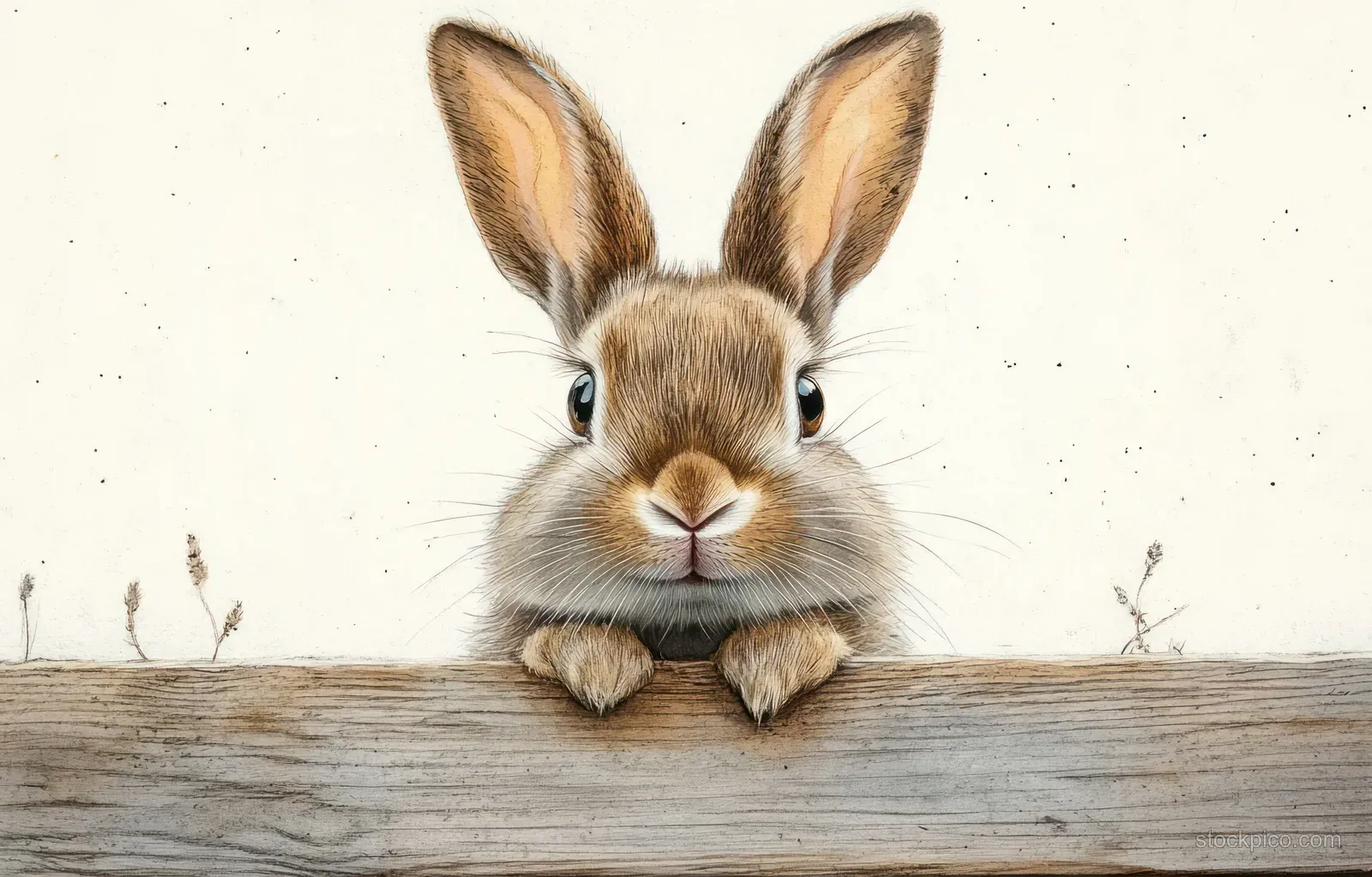 A pastel watercolor rabbit peeks over a weathered wooden fence under soft light.