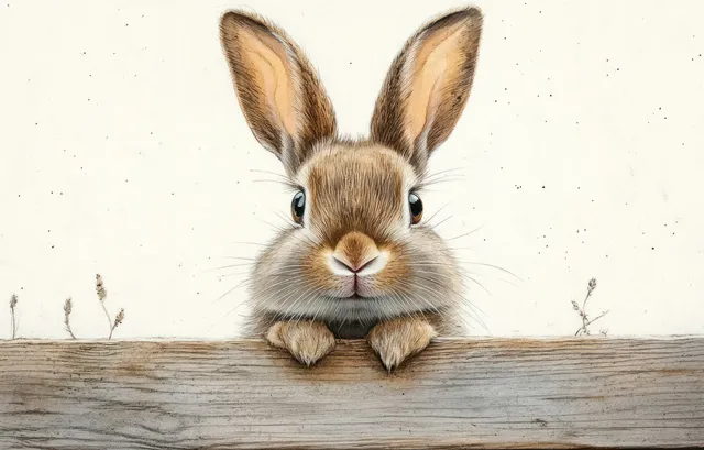 Whimsical rabbit peeks over wooden fence in soft pastel watercolor light