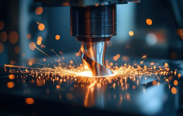 A 3D printer nozzle fuses metal powder into a turbine component while sparks glow around it.