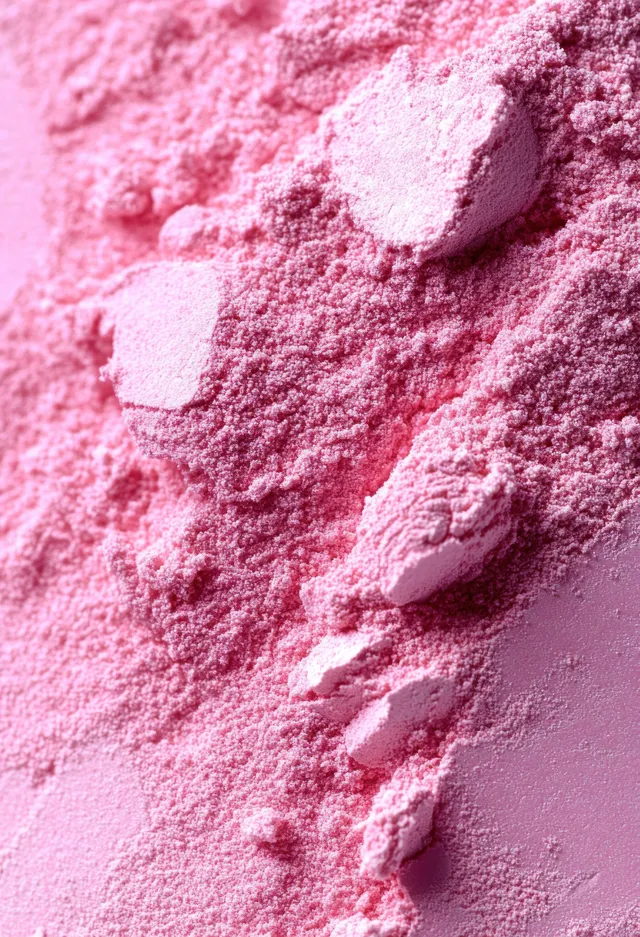Crushed pastel pink powder clumps scattered on an uneven dusty background.