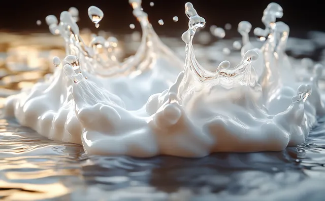 Hyper-realistic milk splash with ripples in creamy pool closeup
