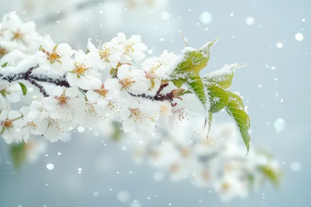 Cherry blossoms dusted with snow on frosty branches under soft winter light
