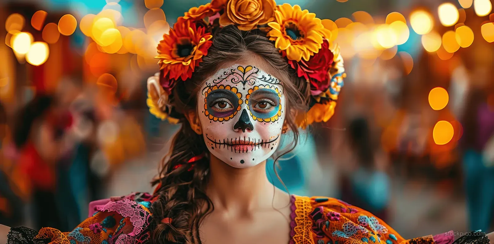 A child with catrina face paint and a flower crown smiles at a Day of the Dead street party at night.