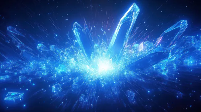 Blue glowing crystal shards explode outward into a dark space background with sparkling particles and radiant light.