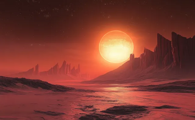 Surreal red desert landscape at sunset with dramatic rock formations and a starry cosmic sky.