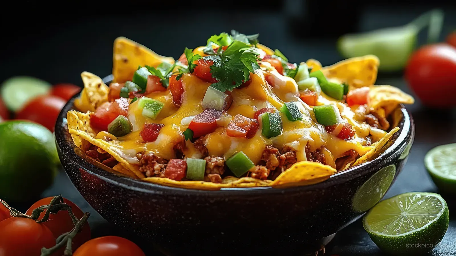 Loaded nachos in a black bowl topped with melted cheese, diced tomatoes, green peppers, cilantro, and lime, with tomatoes in the background.