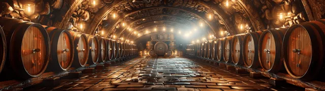 Explorers walk through a glowing underground beer tunnel lined with wooden barrels and warm light.